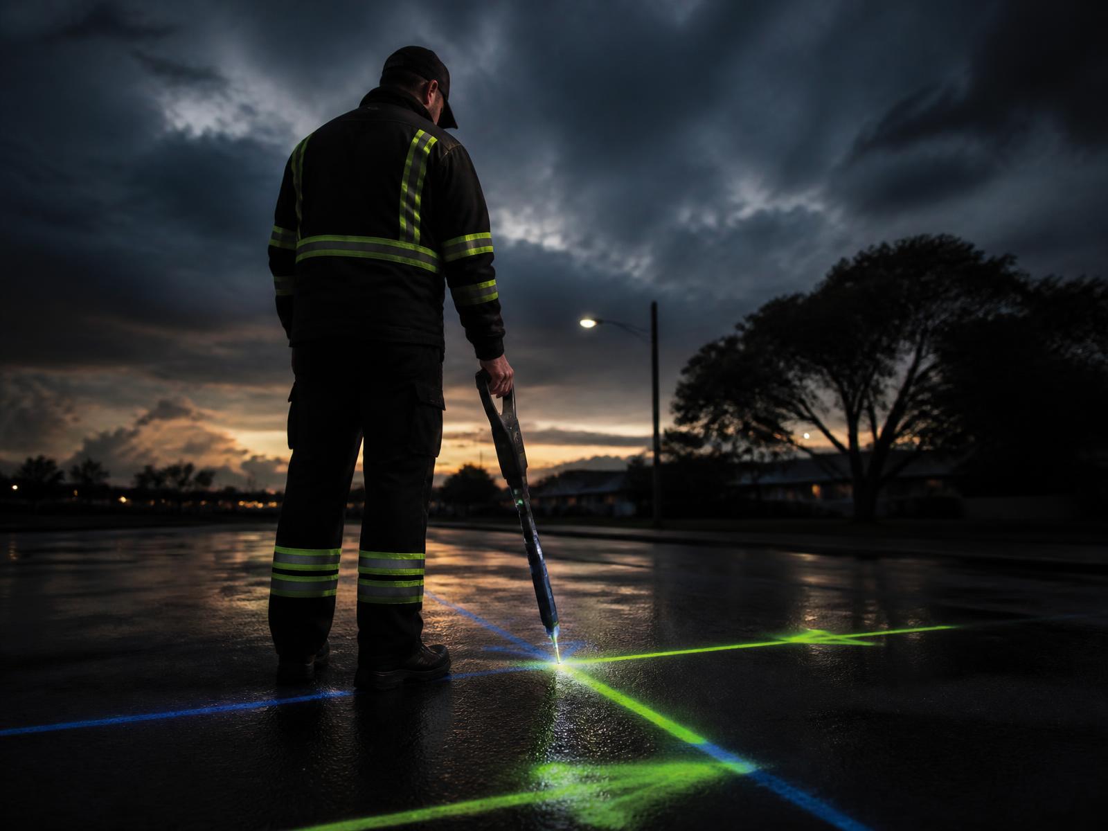 Utility locating technician marking underground lines at dusk
